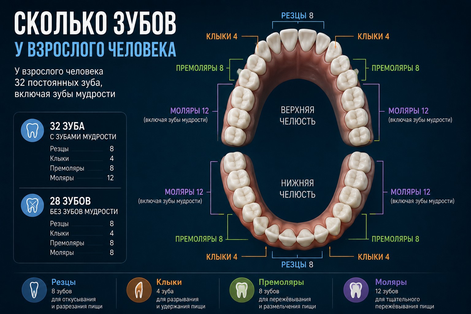 Сколько зубов у человека &mdash; схема зубного ряда взрослого