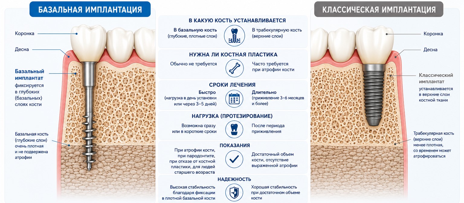 Базальная имплантация зубов &mdash; схема установки имплантов в глубокие слои кости и фиксации протеза
